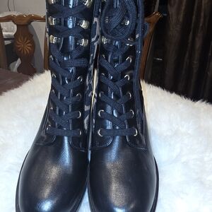 Guess Black Lace-Up Boots with Gold Accents